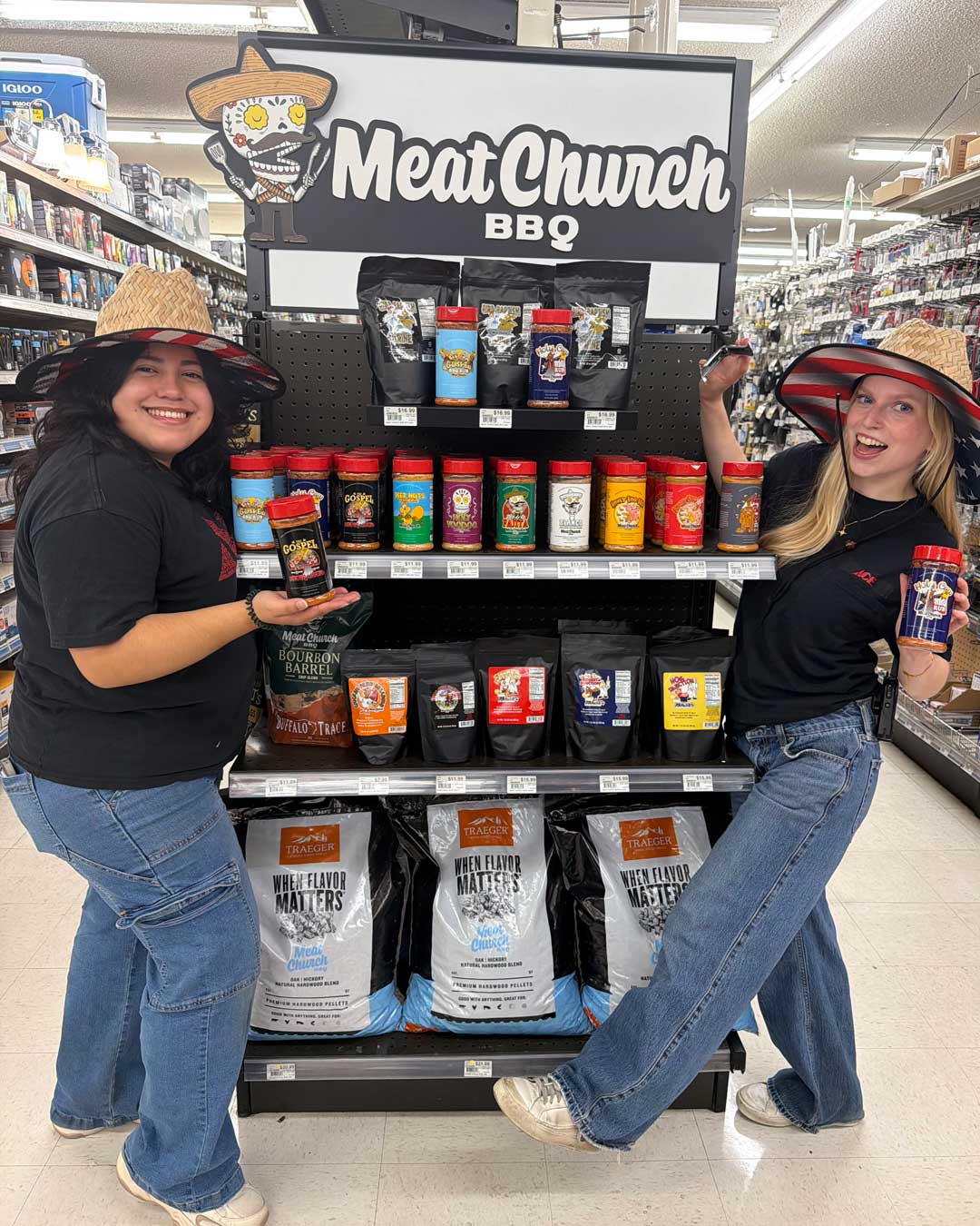 kim and bella with meat church display